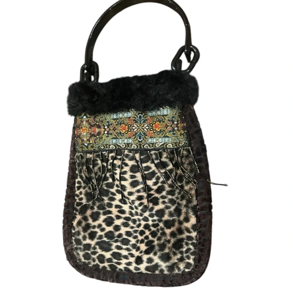 Animal Print Boho Style Faux Fur Embroidered Band Beaded Detail Wrist Bag